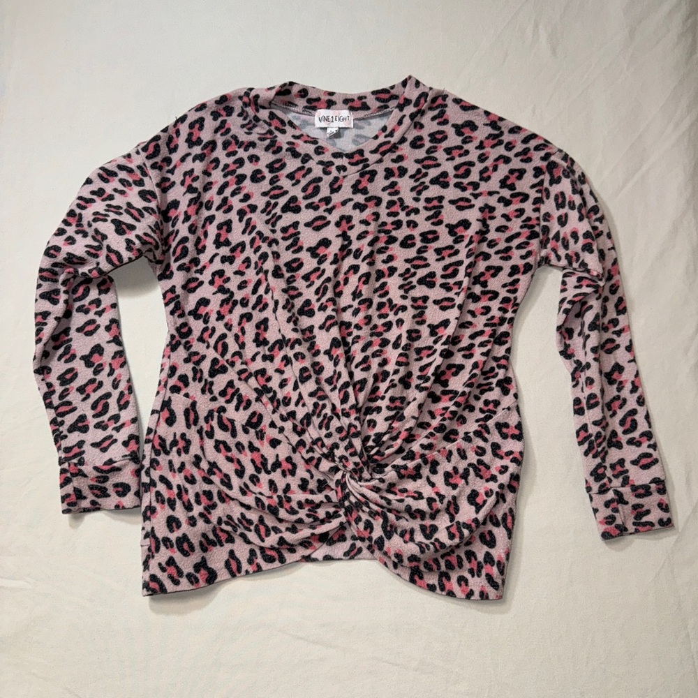 Pink Leopard Animal Print Top Girls Large Twist Hem Shirt Long Sleeve Tie Winter